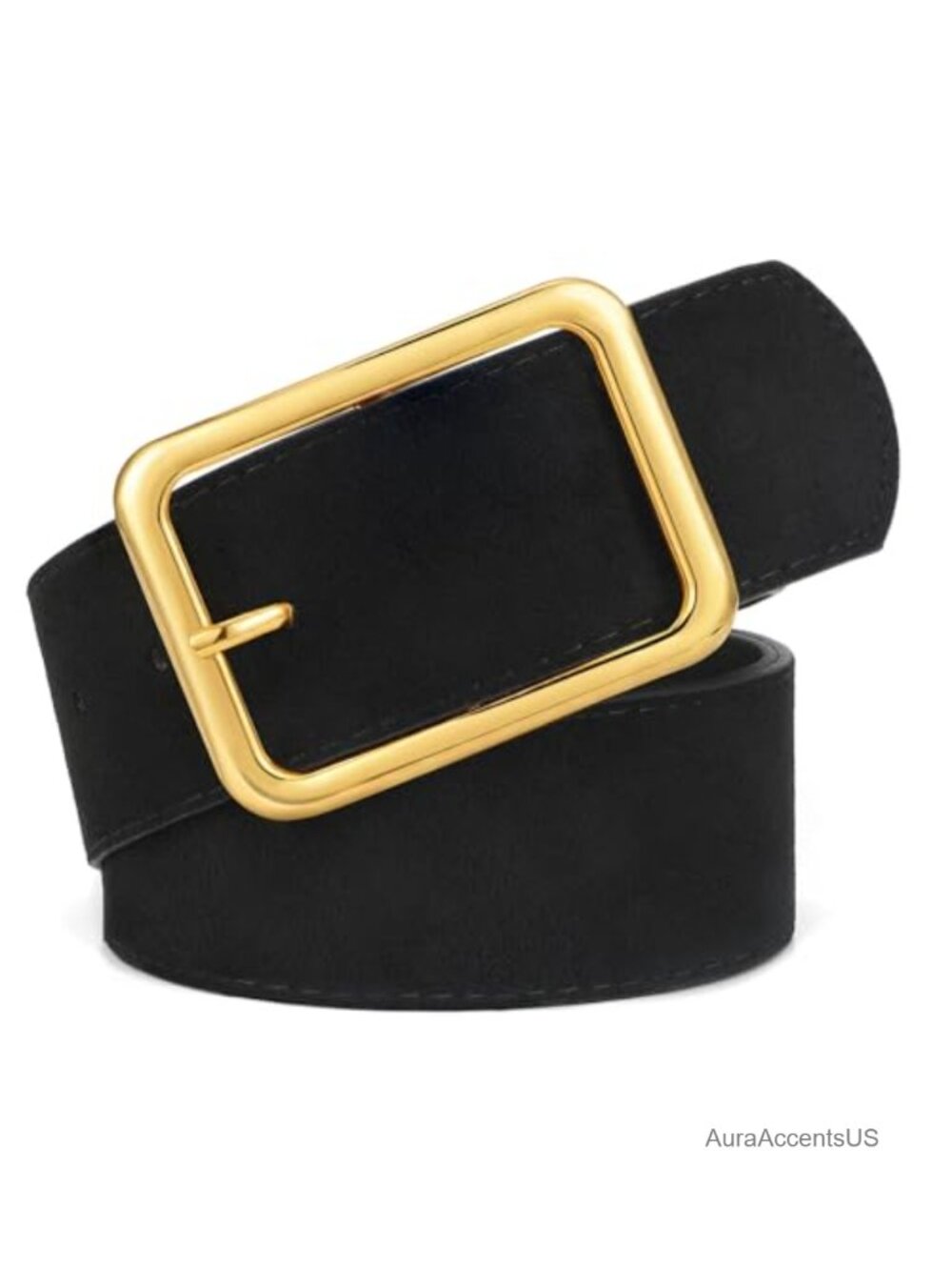 Wide Suede Leather Belt with Square Gold Buckle for Dresses